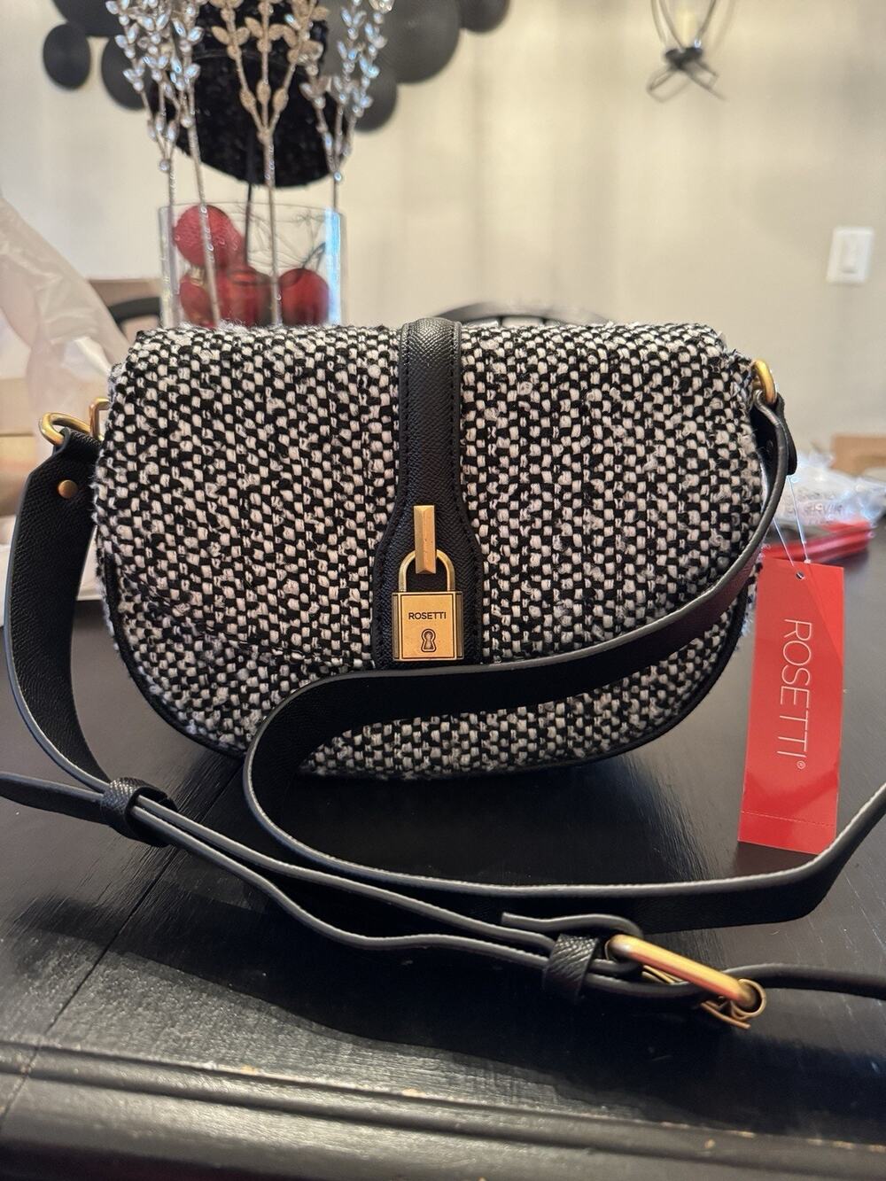 NWT Rosetti Shelby Black And White Tweed Crossbody Bag